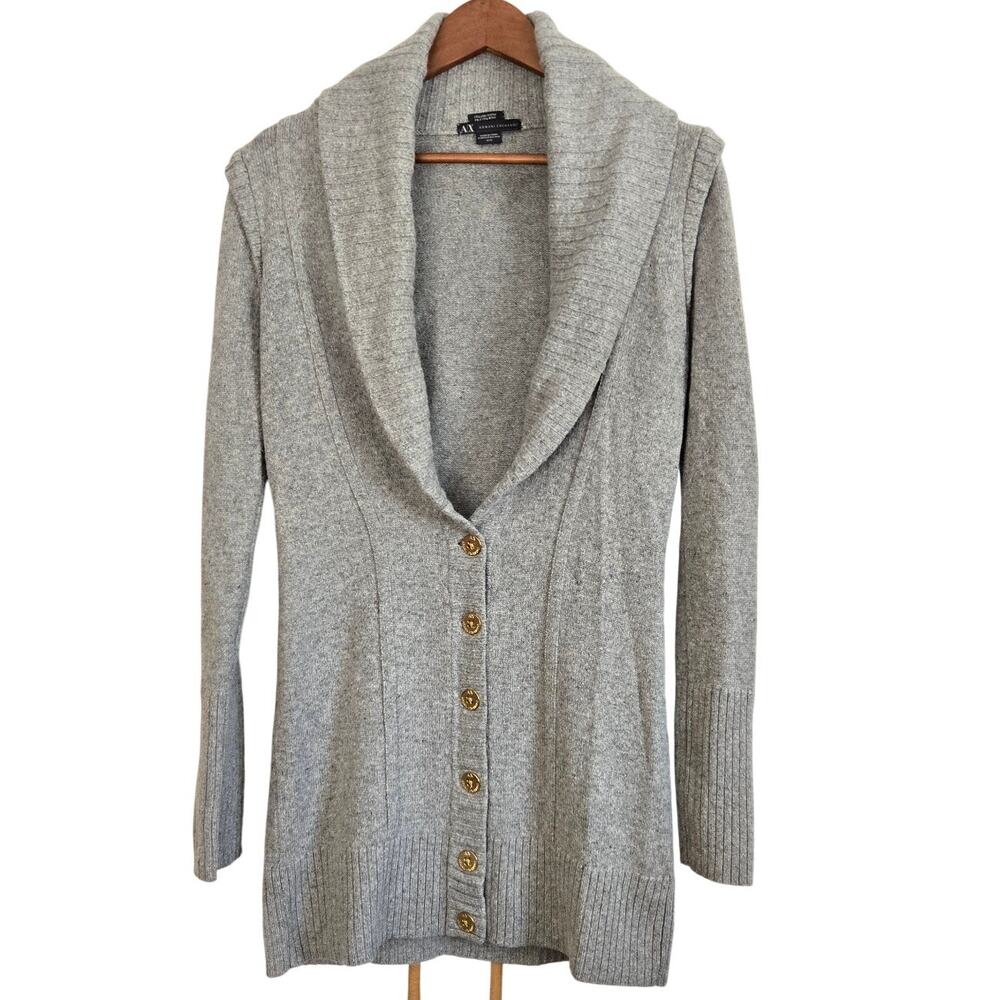 Armani Exchange Gray Shawl Collar Long Cardigan Wool Blend Gold Button Sweater M